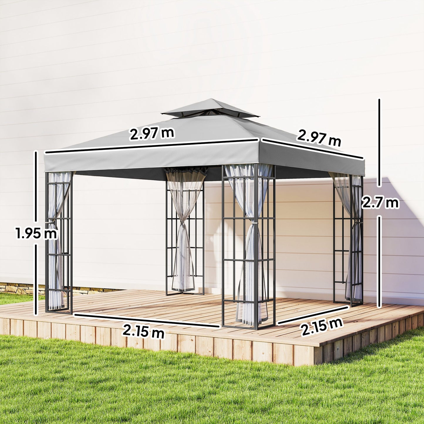 3x3m Permanent Garden Gazebo | 2-Tier Vented Polyester Roof | PA Coating Sun Protection | Removable Mosquito Netting | Solid Steel Frame | 8 Ground Stakes | 297x297x270cm | Eave Height 195cm | Light Grey