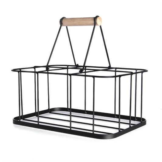Maison & White 6 Bottle Milk Crate | Vintage-Style Iron Bottle Carrier with Pine Wood Handle | Kitchen Storage & Display