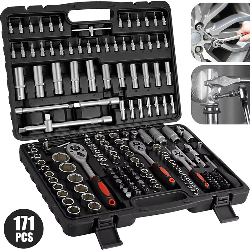 171 Piece Socket Wrench Set Car Repair Tool Ratchet Torque Wrench Combo Kit 1/4 3/8 1/2 Ratchet Spanner Screwdriver Bits
