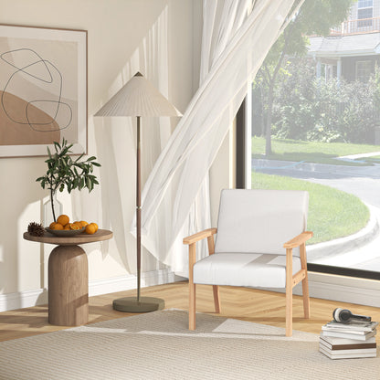 Retro Style Accent Chair Wood Frame with Thick Linen Cushions Wide Seat Armchair Home Furniture Bedroom Office Cream White