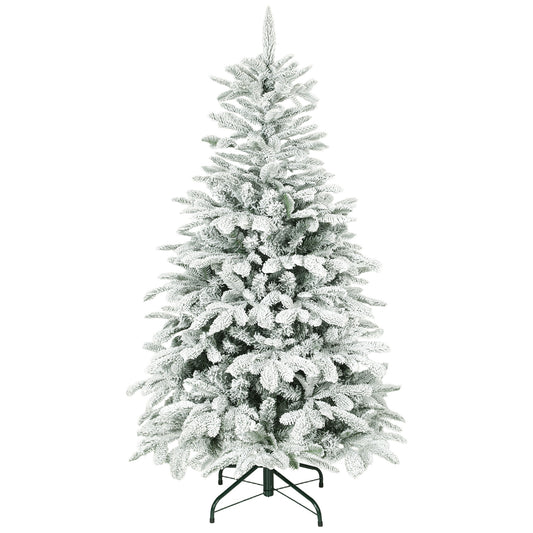 5 ft Artificial Flocked Christmas Tree with 717 Branches, Hinged Xmas Tree with Foldable Metal Stand, Easy Assembly for Home Office Decor