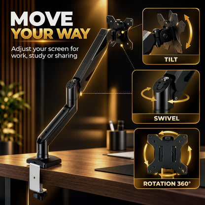Single Monitor Arm | Up to 32 Inch & 10kg | Gas Spring Height Adjustment, Tilt, Swivel & 360° Rotation | Black Steel