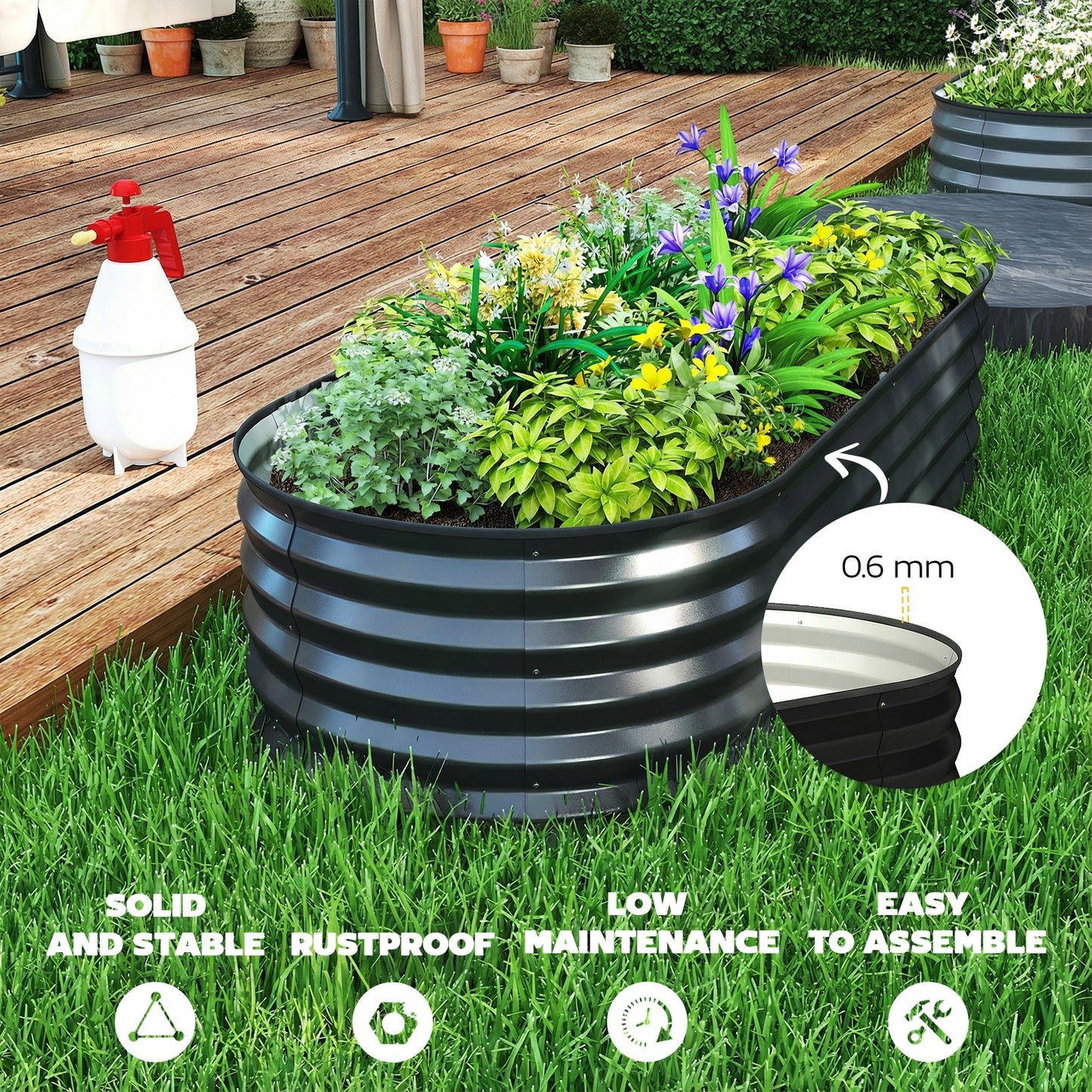 Set of 2 Galvanised Steel Raised Garden Beds | Open Bottom | Rubber Seal Top | 4 Protective Corners | Metal Plant Stakes | Easy Assembly | 150x60x30cm | Dark Grey