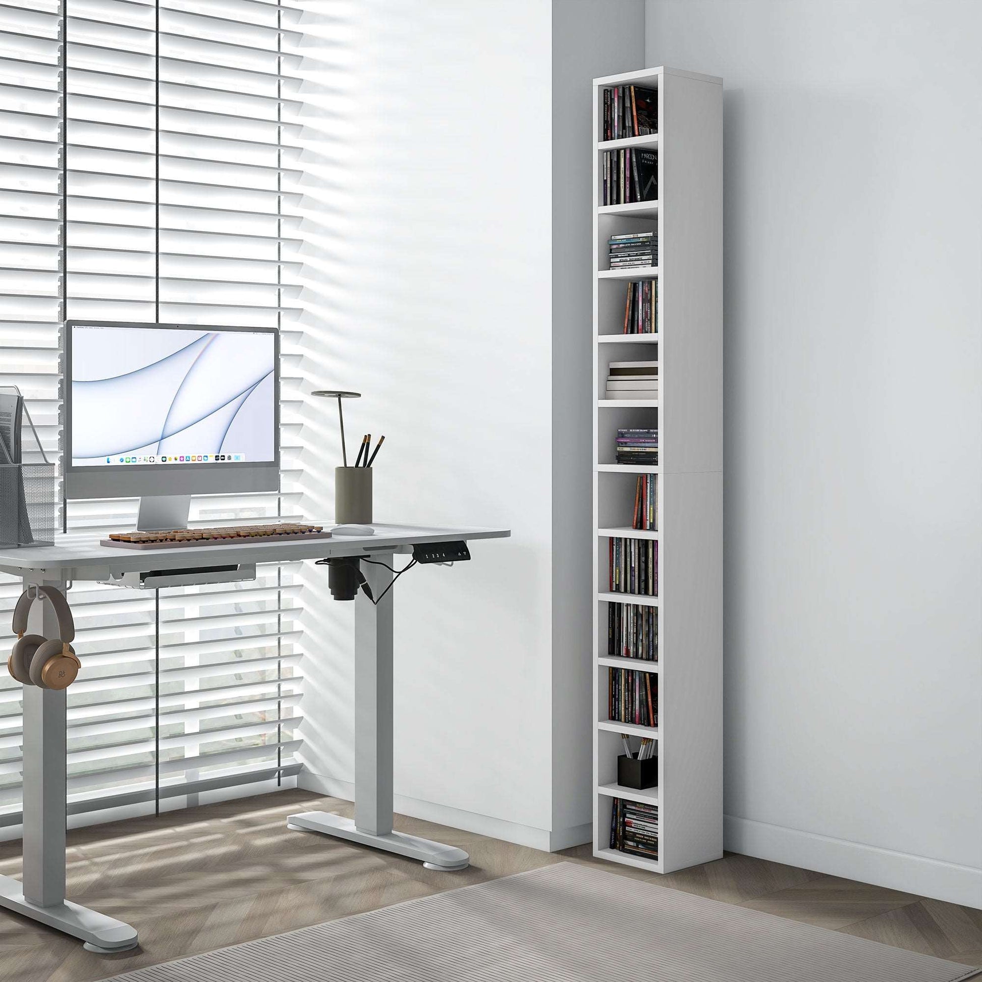 204 CD Storage Unit, DVD Storage Tower with 12 Cubes, 175cm Tall Bookcase for Living Room, Home Office, Study Room, White