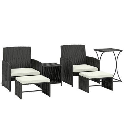 Outsunny 6 Piece Rattan Garden Furniture, Space-Saving Patio Furniture Set with Nesting Tables, Chairs, Stools, Cushions, Black