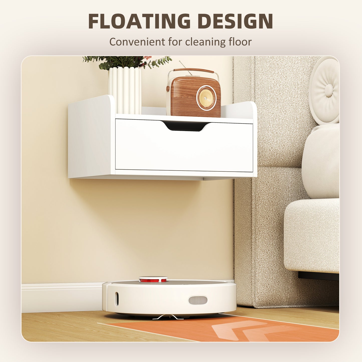 Set of 2 Floating Wall-Mounted Bedside Tables / Nightstands | Drawer & Top Shelf | 10kg | White