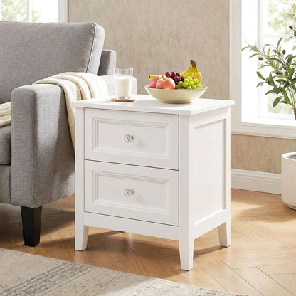 2-Drawer Bedside Table Nightstand | Crystal-Like Handles | Smooth Metal Rails | MDF | 30kg Total 10kg Top 10kg Per Drawer | 45x35x50cm | White