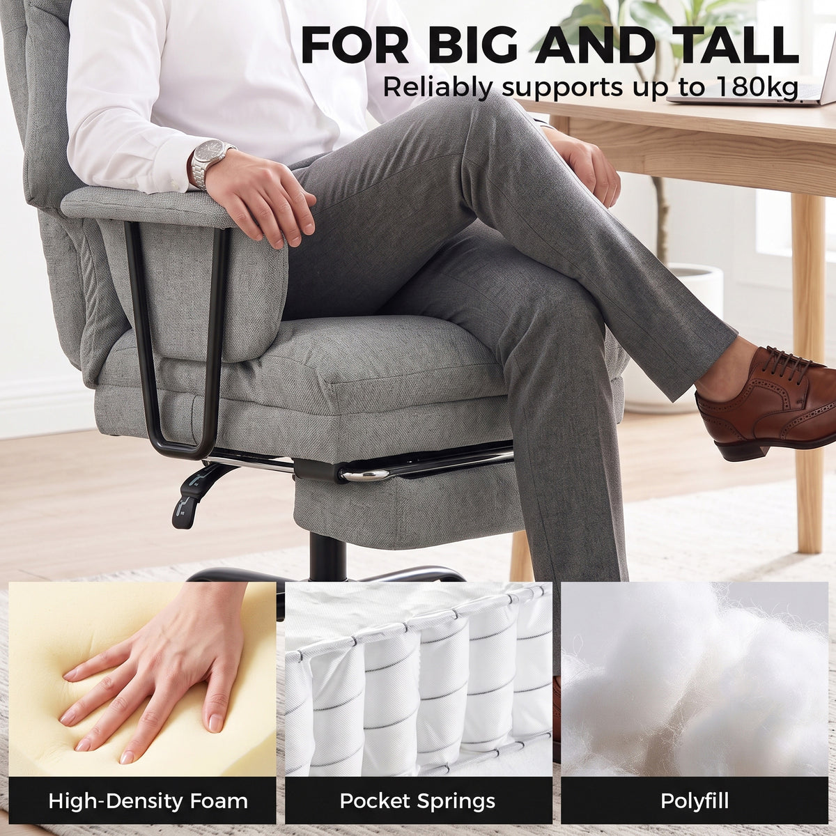 Grey Heavy-Duty Reclining Office Chair | 180 kg Capacity, 55 cm Wide Seat with Pocket Springs, Lumbar Support & Footrest | 135° Recline