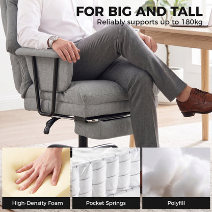Grey Heavy-Duty Reclining Office Chair | 180 kg Capacity, 55 cm Wide Seat with Pocket Springs, Lumbar Support & Footrest | 135° Recline