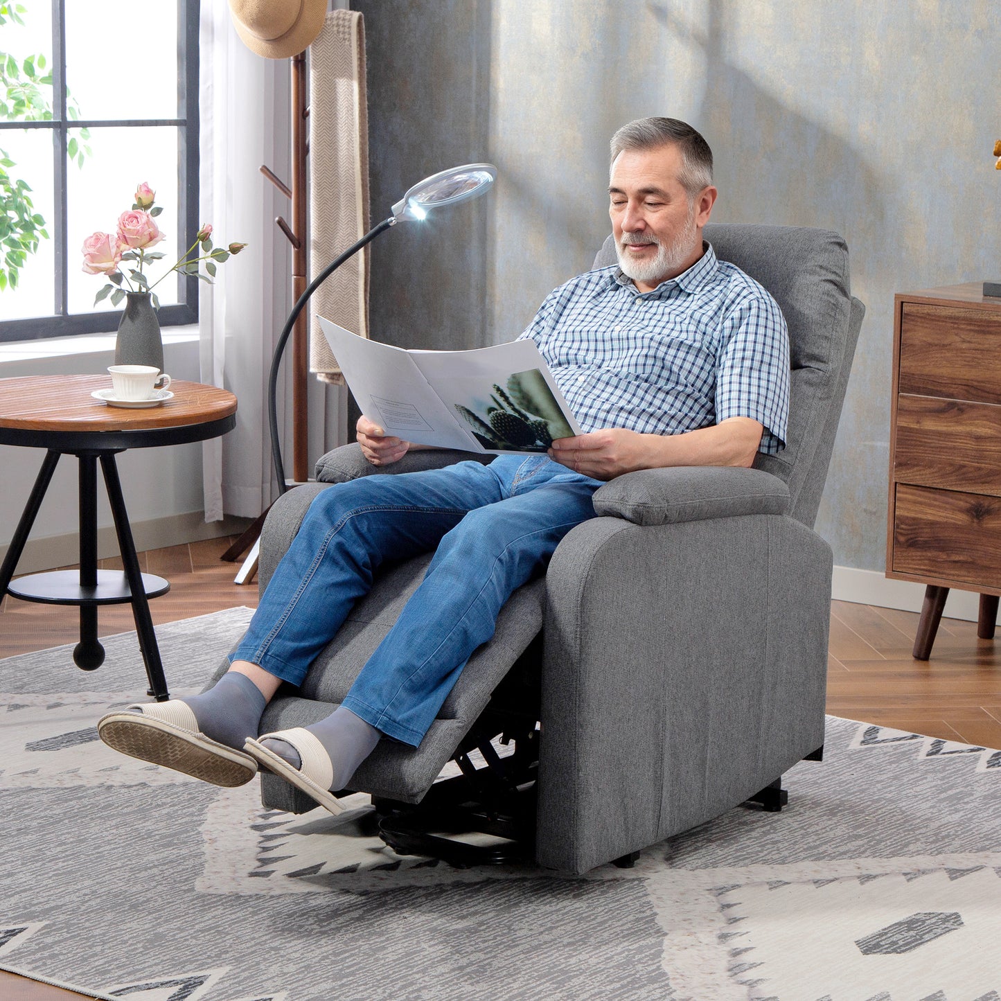 Electric Rise Recline Armchair, with Reading Light - Grey / Brown