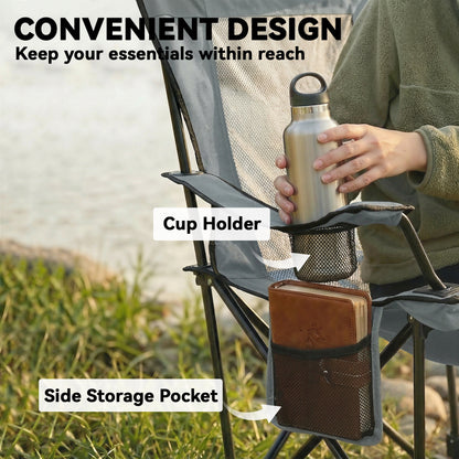 Reclining Camping Chair | Set of 2 | 4-Position Backrest | Detachable Footrest | Cup Holder | Breathable Mesh | 120kg | Grey