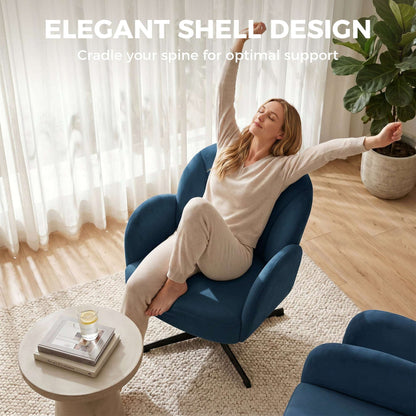 Shell-Shaped Swivel Accent Chair | 360° Swivel | 11cm Spring-Packed Seat | Velvet-Feel Fabric | Metal Base | Plastic Floor Pads | 120kg | 64.5x68x80cm | Dark Blue