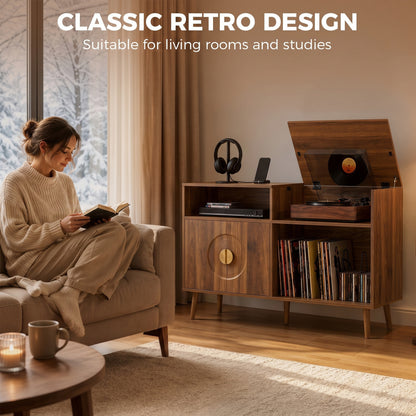 Record Player Stand with Vinyl Storage for 300 Albums | 5 Record Slots | Flip-Top Compartment | Double-Door Cabinet | Cable Hole | Pine Legs | Melamine Finish | 120x40x76cm | Walnut Brown or Black