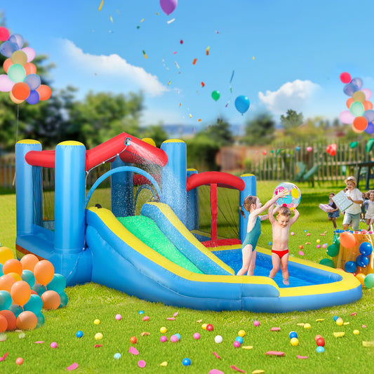 AIYAPLAY Inflatable Bouncy Castle with 550W Blower, Basketball Hoop, Long Slide, Dart Board, Carrying Bag, 385 x 290 x 180 cm