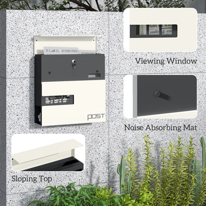 Wall Mounted Post Box with Viewing Window, 2 Lock, Modern Galvanised Steel Mailbox with Copper Core, Weatherproof Letterbox for Outdoor Use