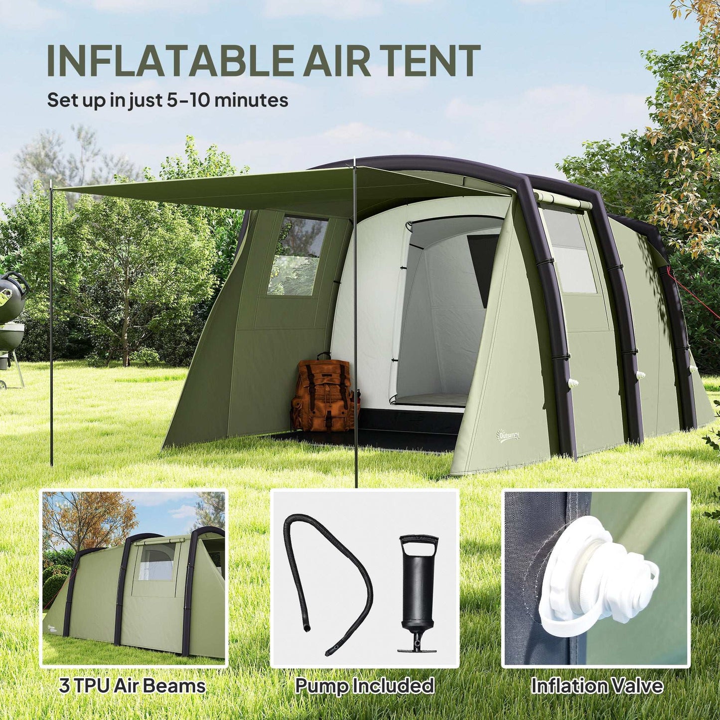 Inflatable 3-4 Man Tunnel Tent w/ Air Pump, Living Area & Vestibule, Waterproof Family Camping Air Tent w/ Sewn In Groundsheet
