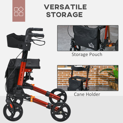 4 Wheel Rollator With Seat and Back, Folding, Adjustable Height, Dual Brakes, Cane Holder, Lightweight Aluminium Frame - Red