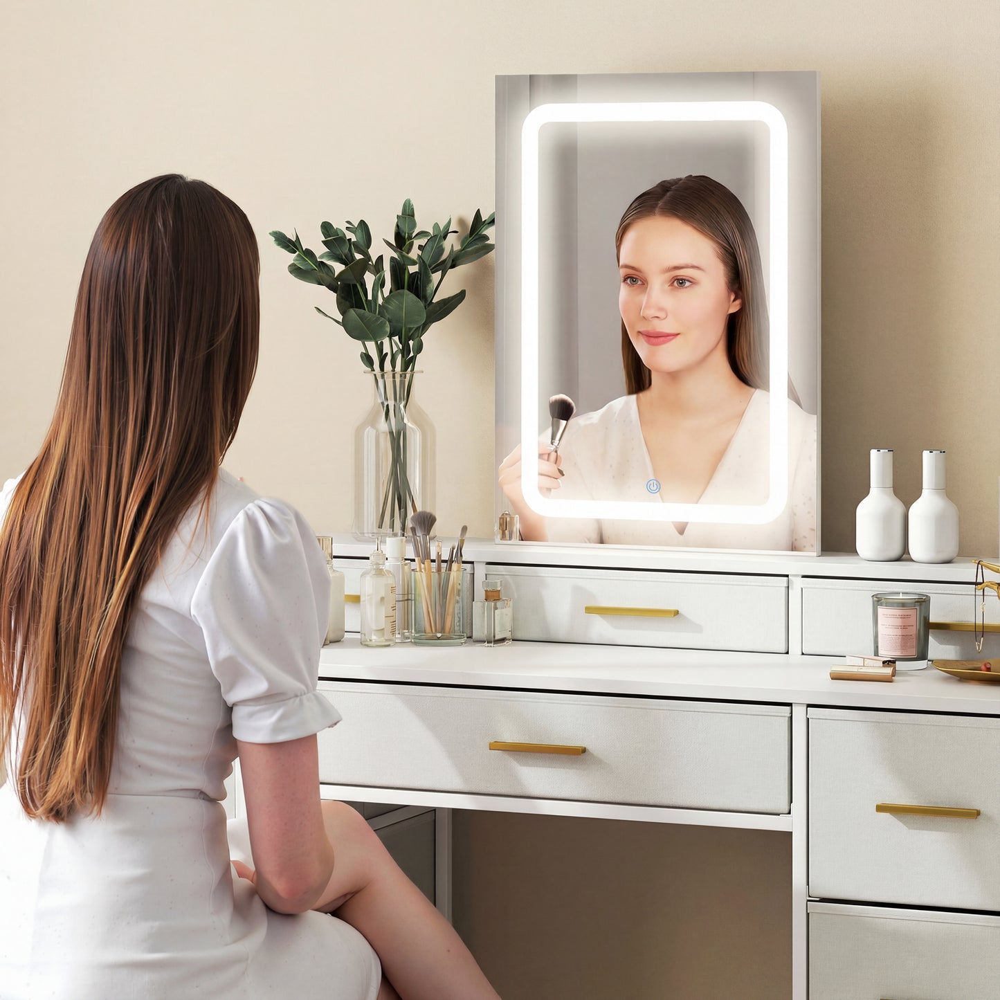 Dressing Table with LED Mirror | 10 Fabric Drawers | Gold Handles | 3 Light Modes | Anti-Tip | White
