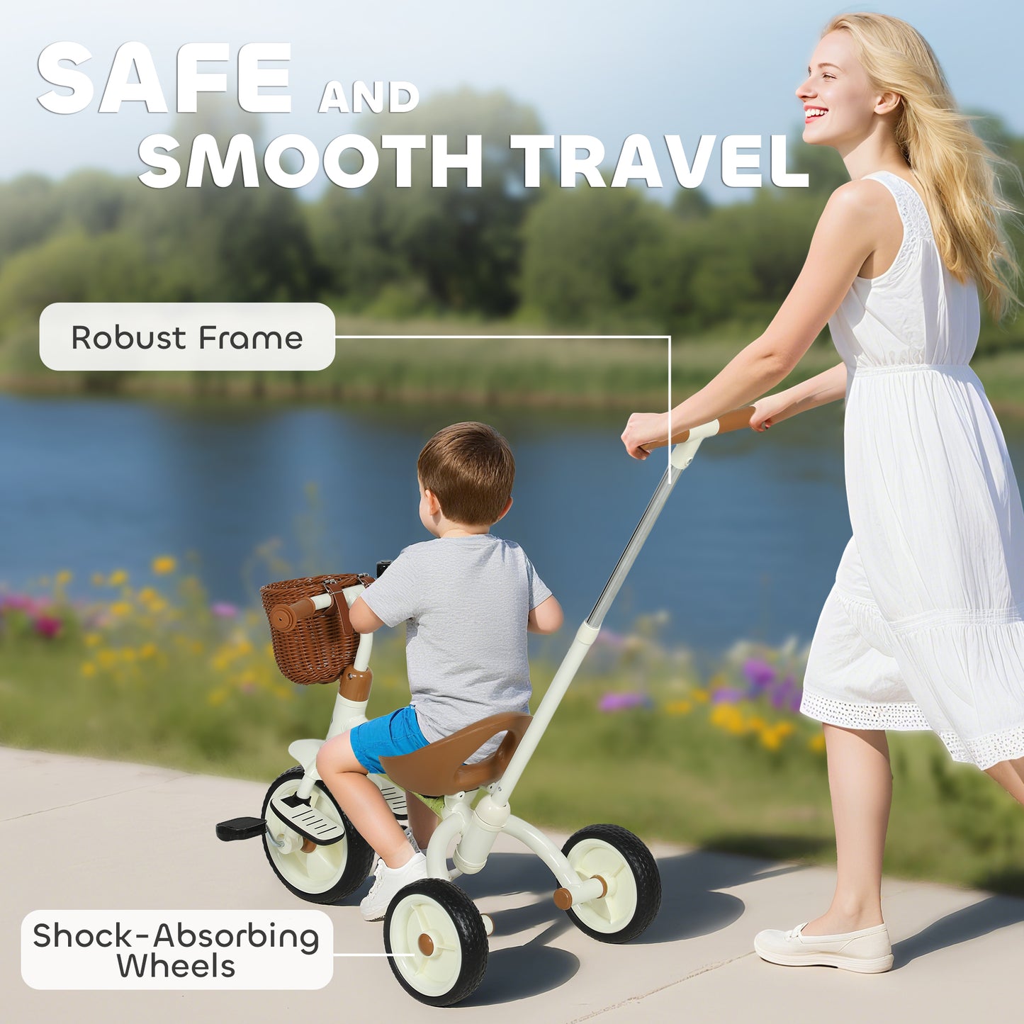 AIYAPLAY 2-In-1 Toddler Trike for 2-5 Years Old, 3 Wheel Bike with Adjustable Parent Handle, Basket for Boys and Girls