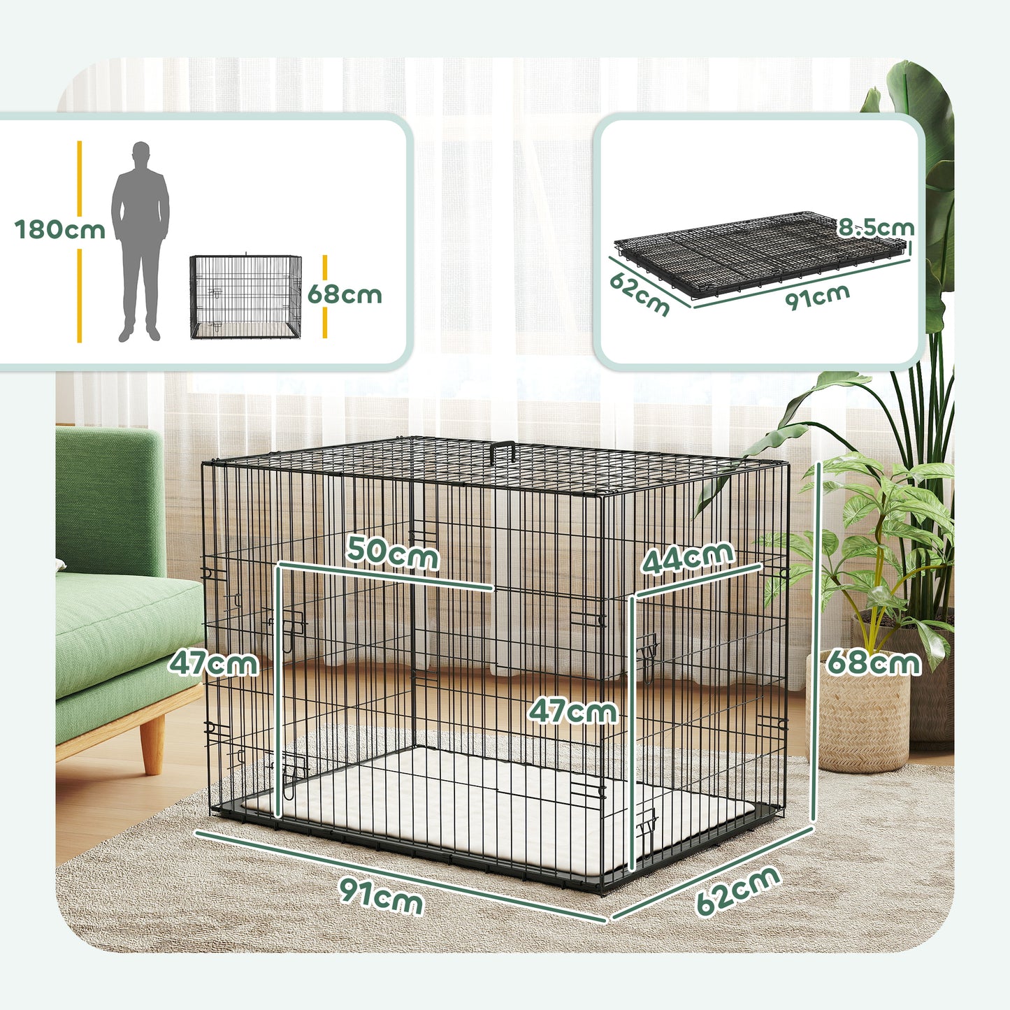 Foldable Dog Crate | 2 Doors | Soft Washable Cushion | Removable ABS Tray | Large Dogs up to 30kg | 91 x 62 x 68cm | Black