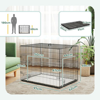 Foldable Dog Crate | 2 Doors | Soft Washable Cushion | Removable ABS Tray | Large Dogs up to 30kg | 91 x 62 x 68cm | Black