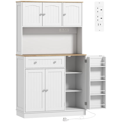 173cm Tall Kitchen Cupboard | Charging Station | Pantry Storage Cabinet | Adjustable Shelves | 4 Door Racks | White