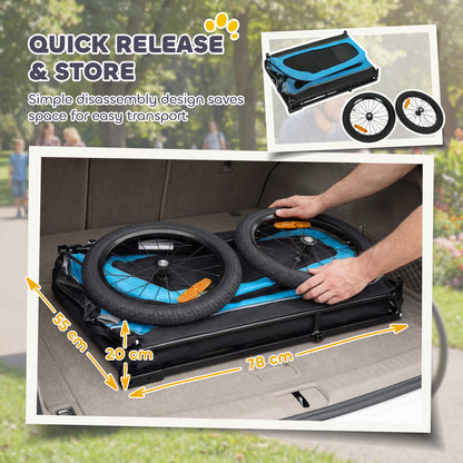 Dog Bike Trailer | Flip-Down Ramp Tailgate | 16" Pneumatic Tyres | Front Door Threshold | Reflectors & Flag | Quick-Release Frame | Dogs up to 20kg | 138 x 69 x 70cm | Blue