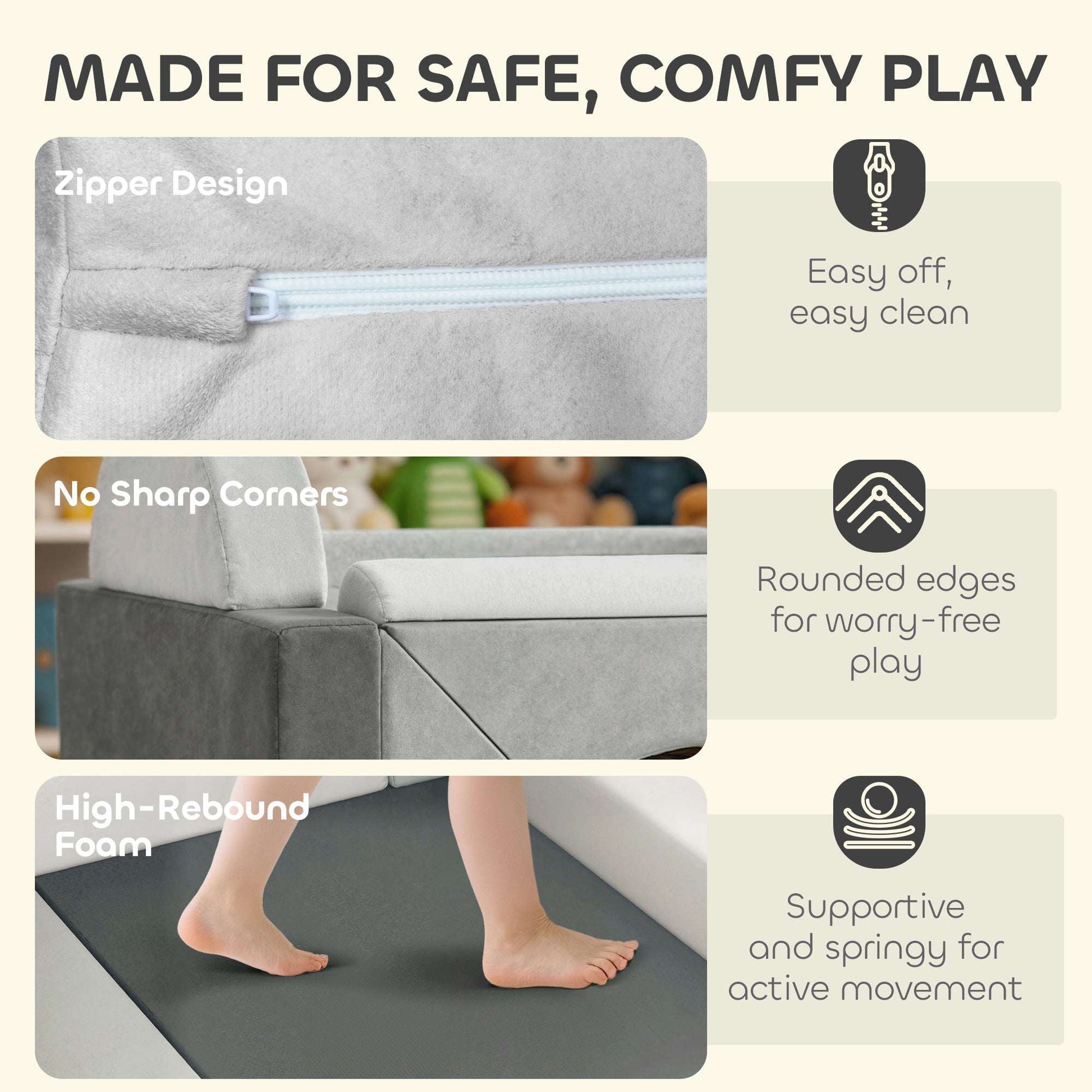 AIYAPLAY Kids Play Sofa, 12 Pieces Foam Modular Soft Play Set for Playroom, Children Convertible Sofa for Boys and Girls, Grey