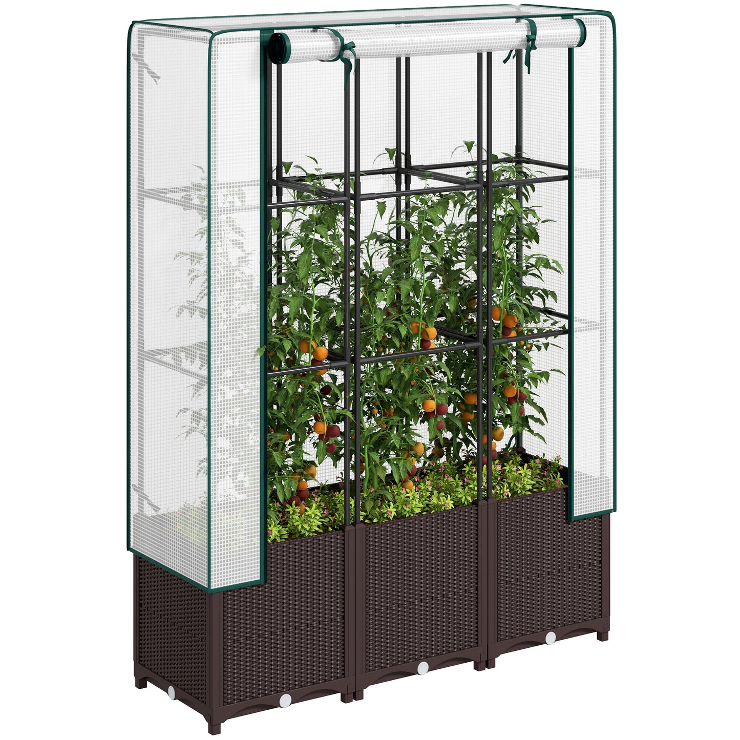 PP Raised Garden Bed with Trellis & PE Greenhouse Cover | Zipped Roll-Up Door | Drainage Holes & Plugs | 75kg | 120x40x140cm | Climbing Plants Veg & Flowers | Brown