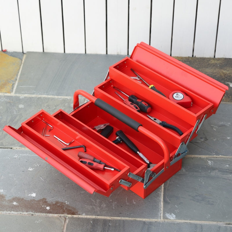 Durhand Metal Tool Box 3 Tier 5 Tray Professional Portable Storage Cabinet Workshop Cantilever Toolbox with Carry Handle, 45cmx20cmx34.5cm, Red