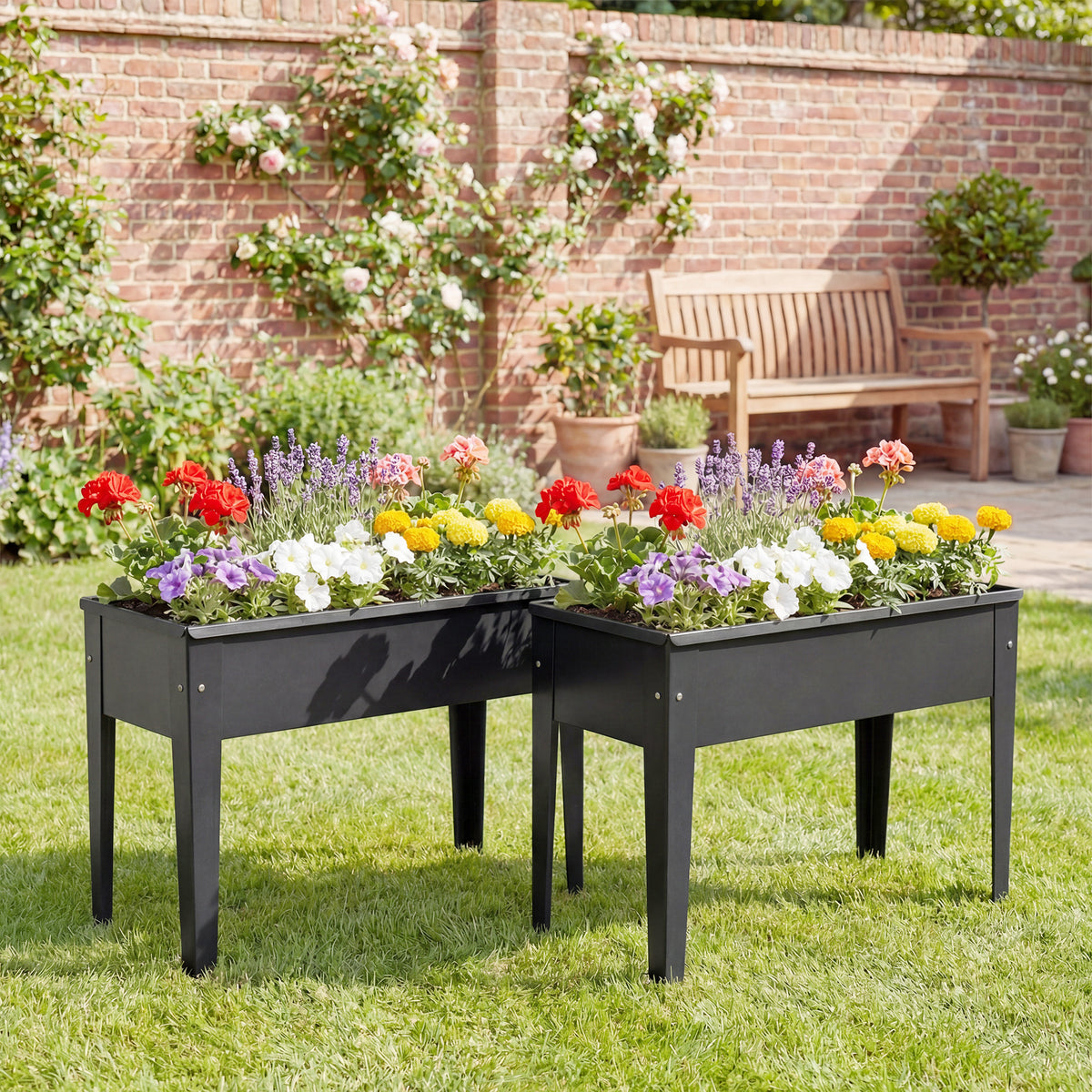 Raised Metal Planter on Legs | 20L Capacity | Drainage Hole | Polished Edges | Rubber Foot Covers | Balcony & Patio | 60x27x45cm | Black