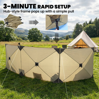Outsunny Camping Windbreak 480 x 120cm – 4-Panel Pop-Up Wind Blocker, Level 6 Wind Resistance, PU-Coated Oxford Fabric, 3-Min Setup, 12 Stakes & 7 Guy Ropes – Khaki