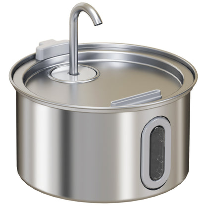 PawHut 2.5L Stainless Steel Cat Water Fountain for Drinking with Ultra-Silent Pump, Water-Level Window, Filters