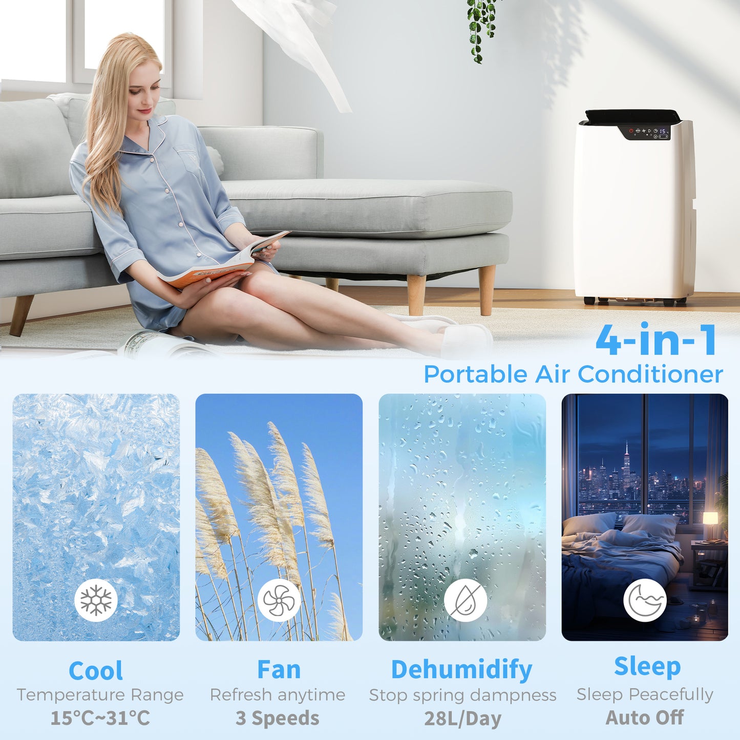 12000 BTU 4-in-1 Portable Air Conditioner | Cool, Dehumidify, Fan, Sleep | WiFi & Alexa | White