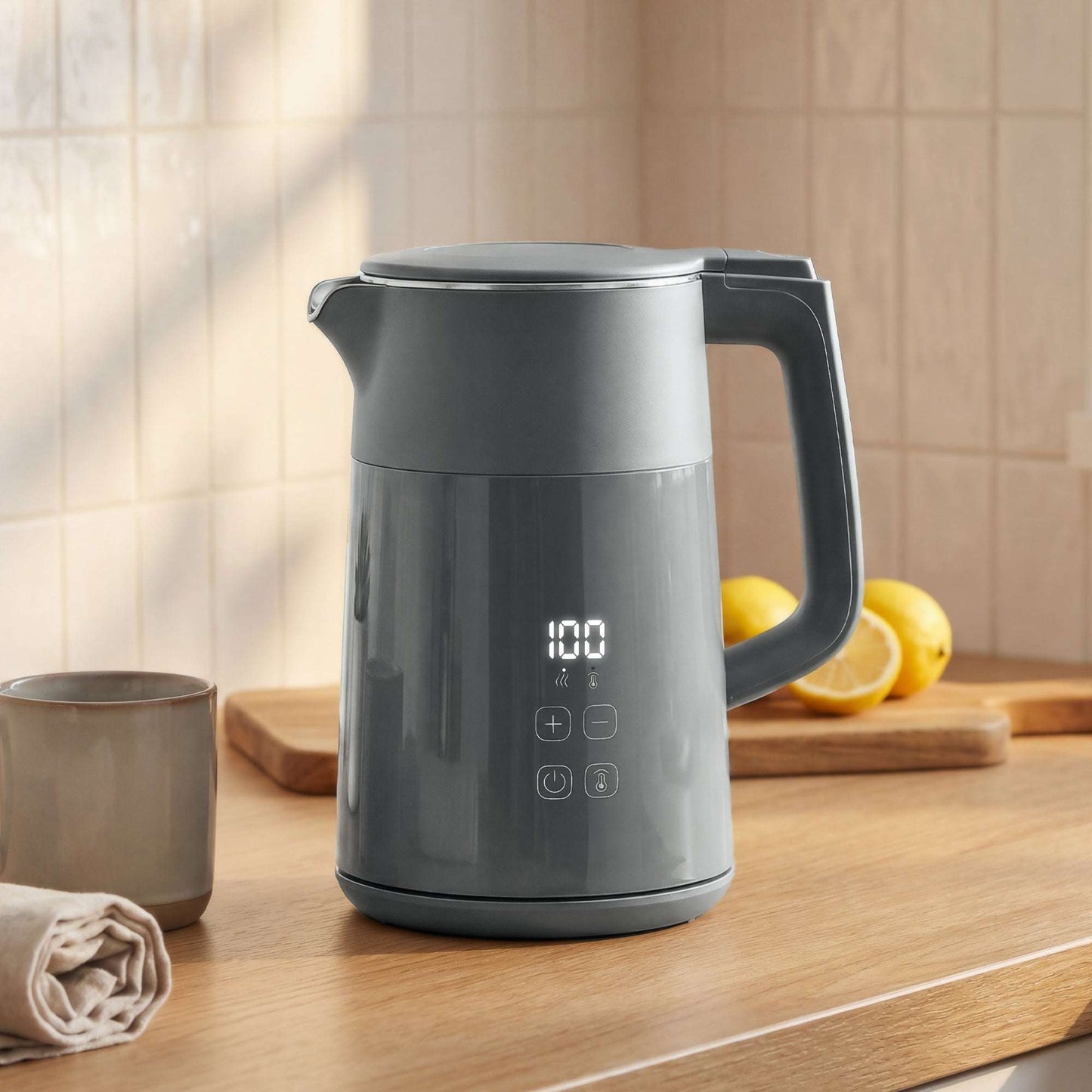 1.7L Electric Kettle | 3000W | 7 Temperature Settings 40-100°C | 2hr Keep-Warm | 304 Stainless Steel PTFE-Free | Boil-Dry Protection | Auto Shut-Off | 360° Swivel Base | Grey