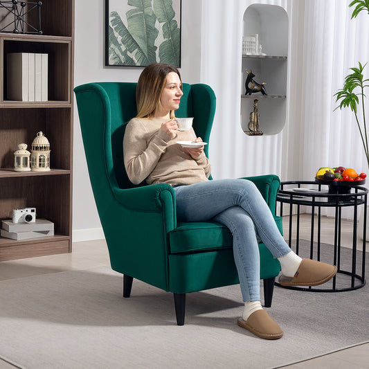 Modern Accent Chair, Upholstered Wingback Armchair W/ High Backrest and Pillow, Velvet-Feel Fabric Reading Chair with Solid Wood Legs, Dark Green / Grey