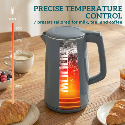 1.7L Electric Kettle | 3000W | 7 Temperature Settings 40-100°C | 2hr Keep-Warm | 304 Stainless Steel PTFE-Free | Boil-Dry Protection | Auto Shut-Off | 360° Swivel Base | Grey