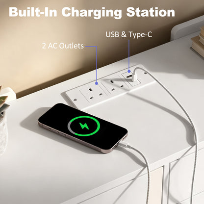 Chest of 9 Drawers with LED Strip & Charging Station | White MDF | 148.7x45x82cm | 2700-6500K Bluetooth | 2 UK Outlets USB-A USB-C | TV Stand up to 65in | Anti-Tip | 85kg