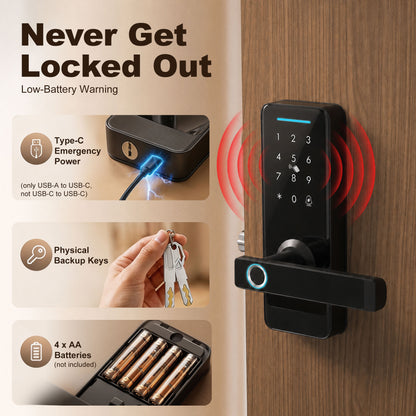 Smart Door Lock | 5-in-1 Entry: Fingerprint / Passcode / NFC Card / Tuya App / Key | Built-in Doorbell | Bluetooth 10m | ADC12 Alloy & Tempered Glass | Copper Cylinder | Door 3.5-6cm | Left & Right Hand | 7.1x19.3x13.4cm | Black