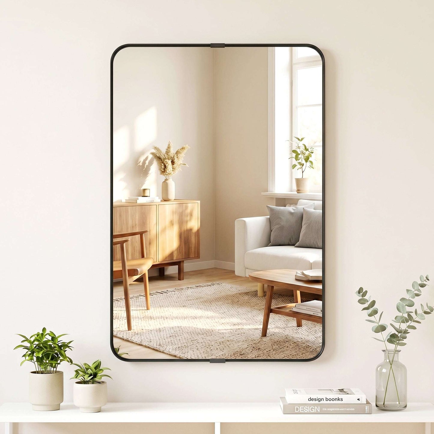 Rectangular Wall Mirror | Shatterproof Tempered Glass | Anodised Aluminium Alloy Frame | 4cm Deep 3D Effect | Soft Rounded Corners | No Assembly | 60x4x90cm | Black