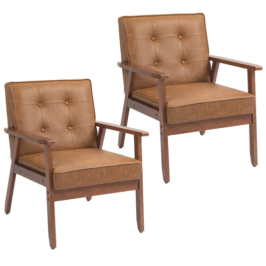 2 Pack Retro Vintage Style Accent Chair, with Faux Leather Seat - Brown