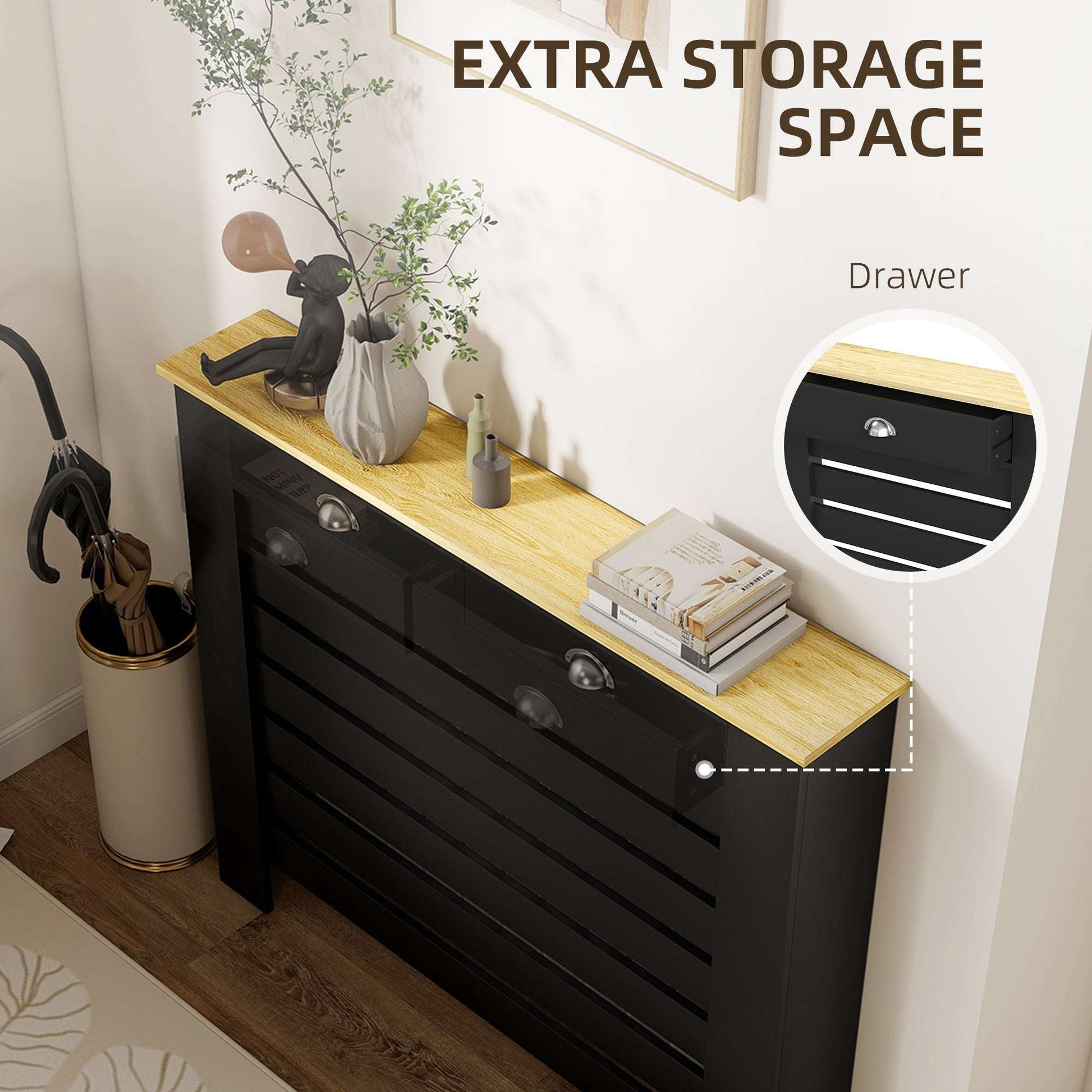 MDF & Particle Board Radiator Cover with 2 Drawers | Slatted Design | Skirting Board Cut-Outs | Easy-Fix Clips | Wood-Effect Top | 5kg Per Drawer | 111x19x95.5cm | Black