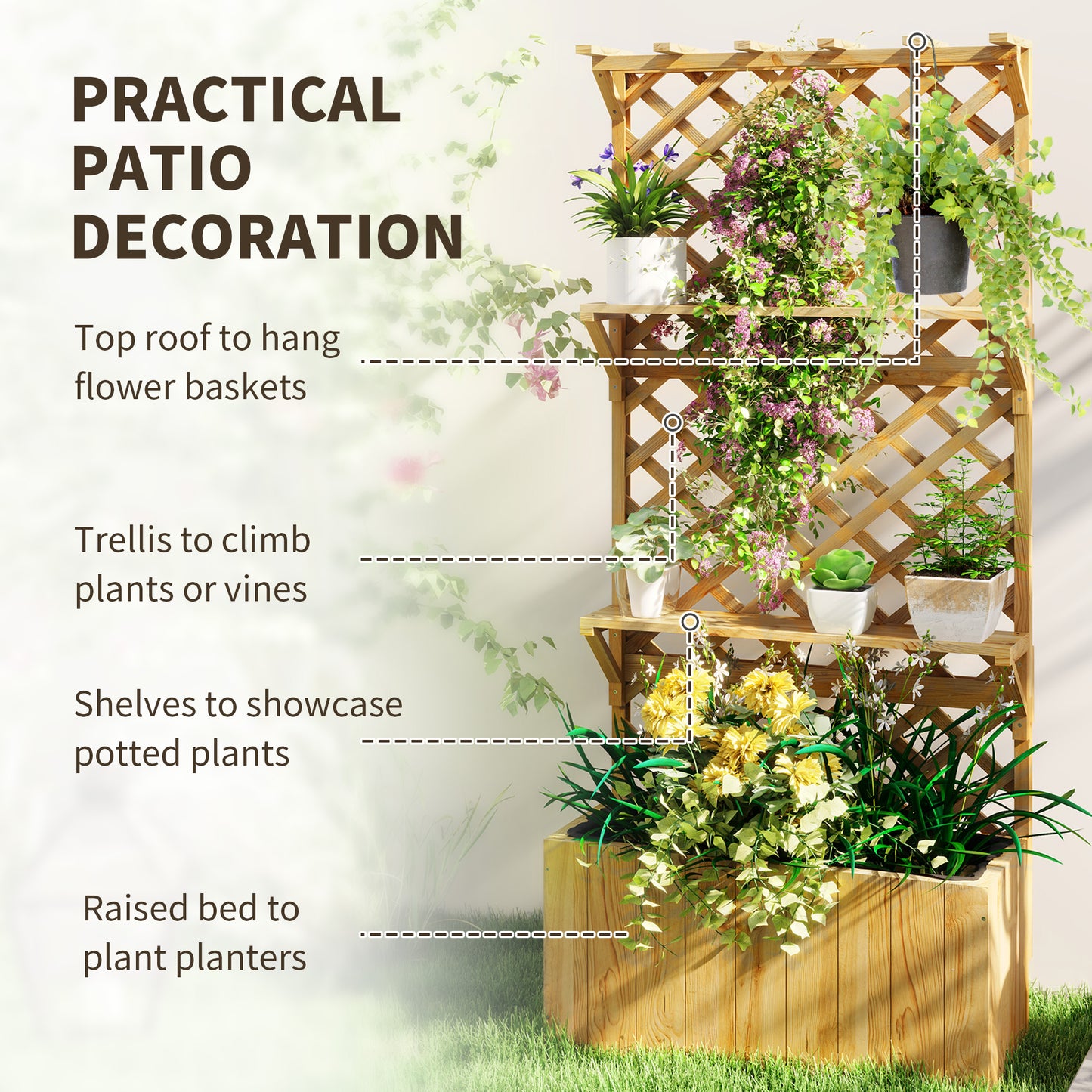 Fir Wood Planter with Tall Trellis Roof & Upper Shelf | 52L | 70x24cm Planting Area | Fabric Liner & Drainage Holes | 50kg | 76x33x177cm | Climbing Plants | Natural Wood Finish