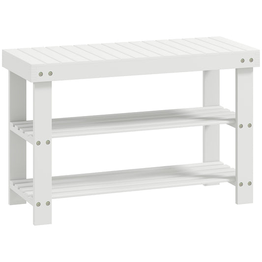 Two Shelf Bamboo Shoe Storage Bench - White