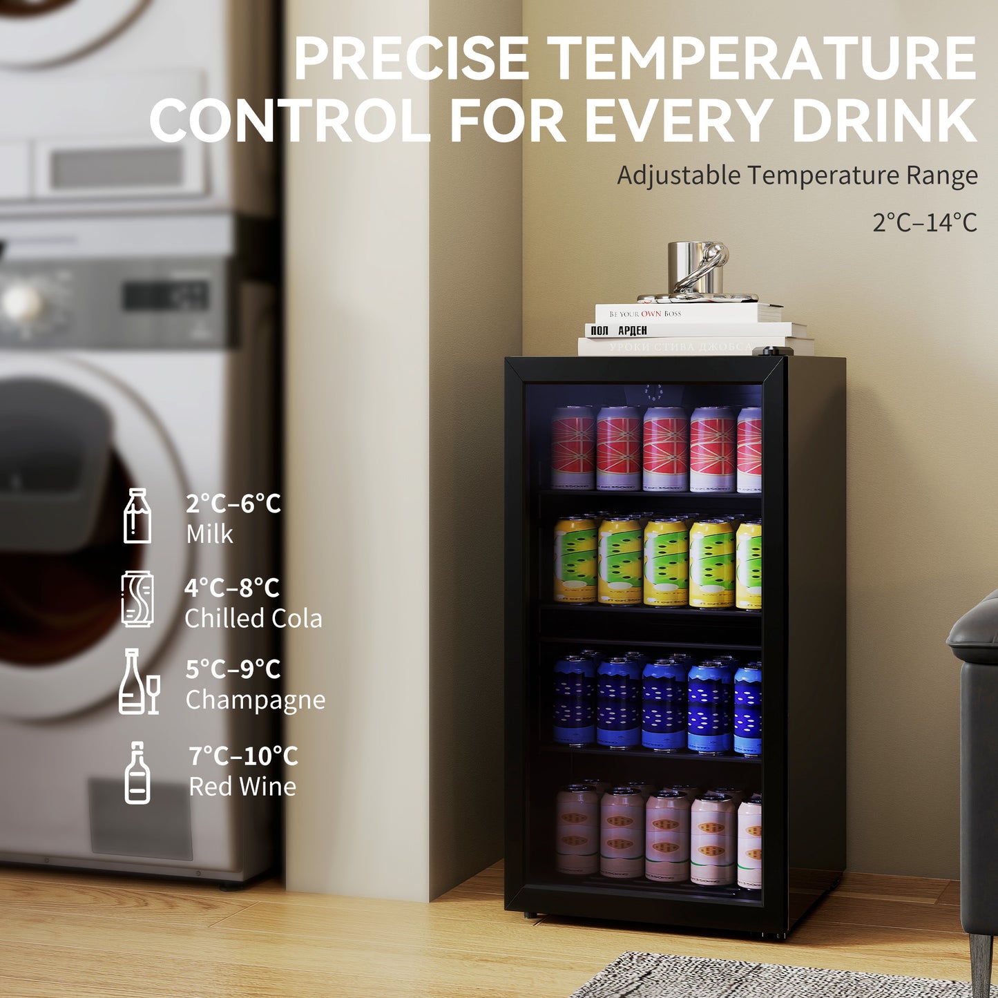 93L Drinks Fridge, 115 Can Freestanding Beer Fridge with Glass Door, Adjustable Shelves, LED Light, for Beer Soda, Black