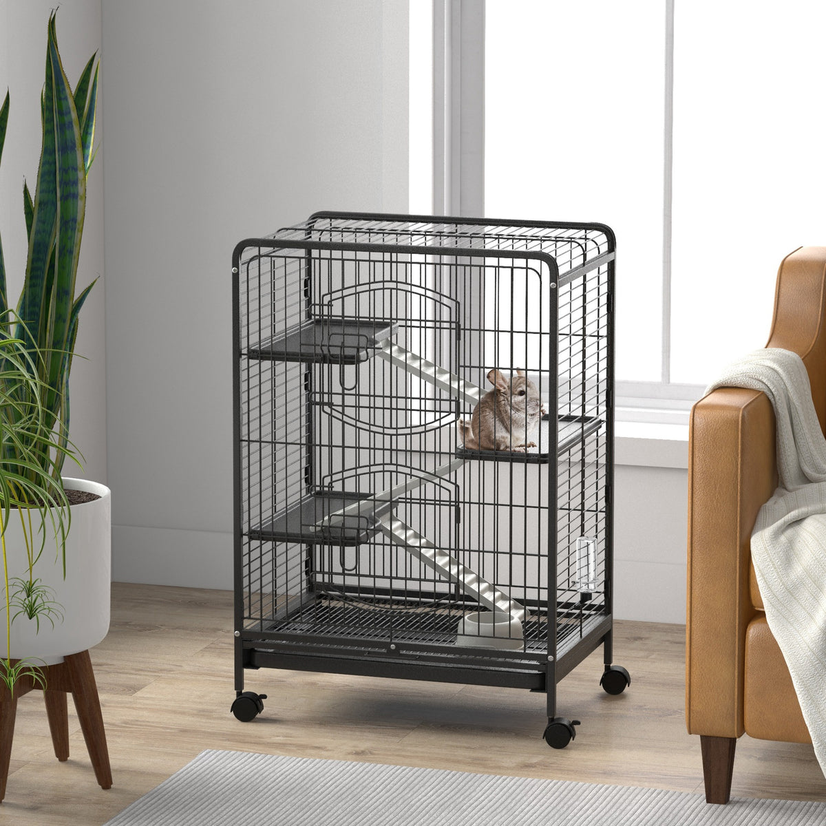 PawHut 4-Level Small Animal Cage | 95cm Tall Black | Metal PP Mesh | 3 Platforms 3 Ramps | Removable Tray | Rolling Lockable Wheels | Food Dish & Water Bottle | Multi-Door Access | 61.5x44x95cm