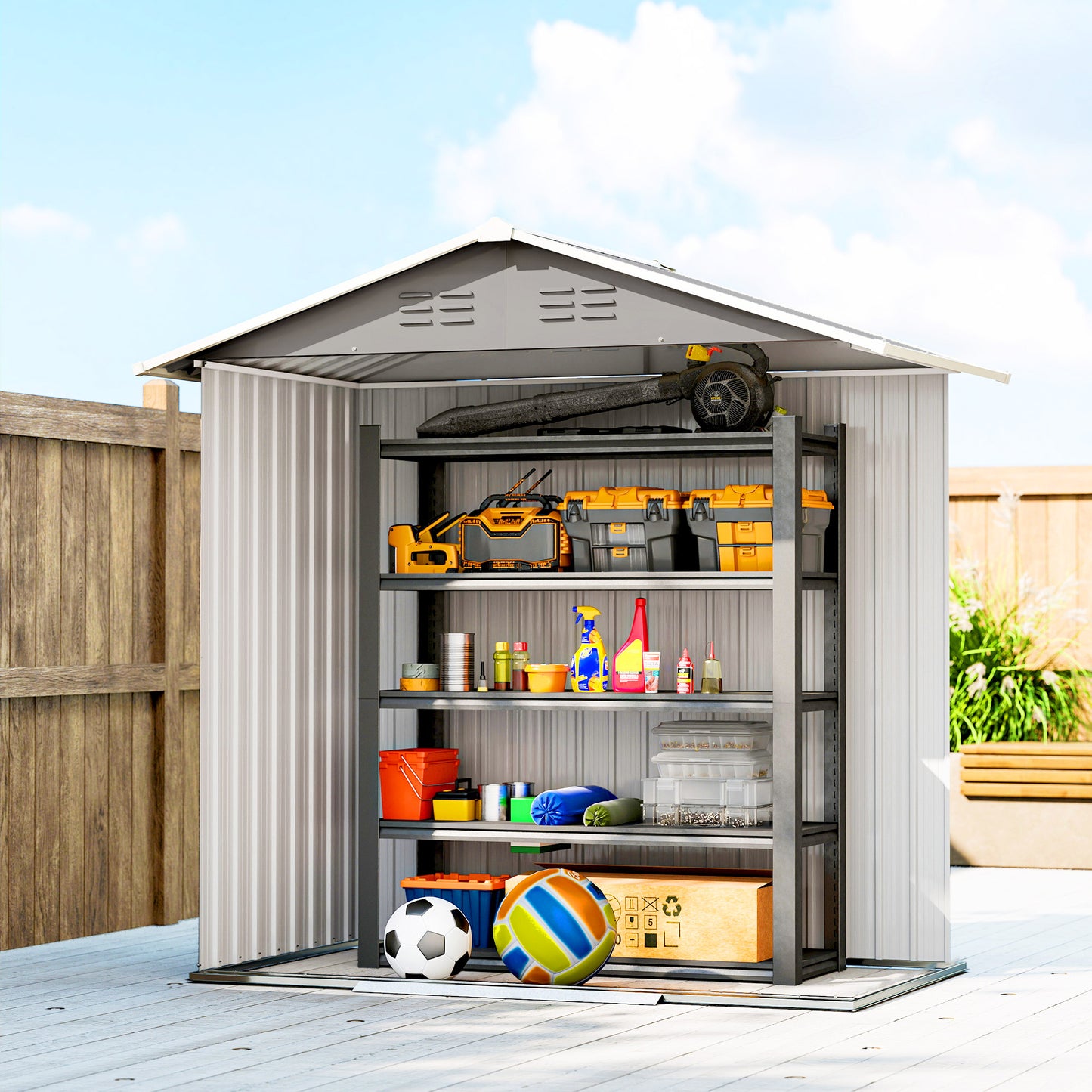 Galvanised Steel Garden Storage Shed | Double Sliding Lockable Door | 4 Vents | Sloped Roof | Steel Tile Roof & Walls | 194x107x191cm | 1.8m² | Light Grey