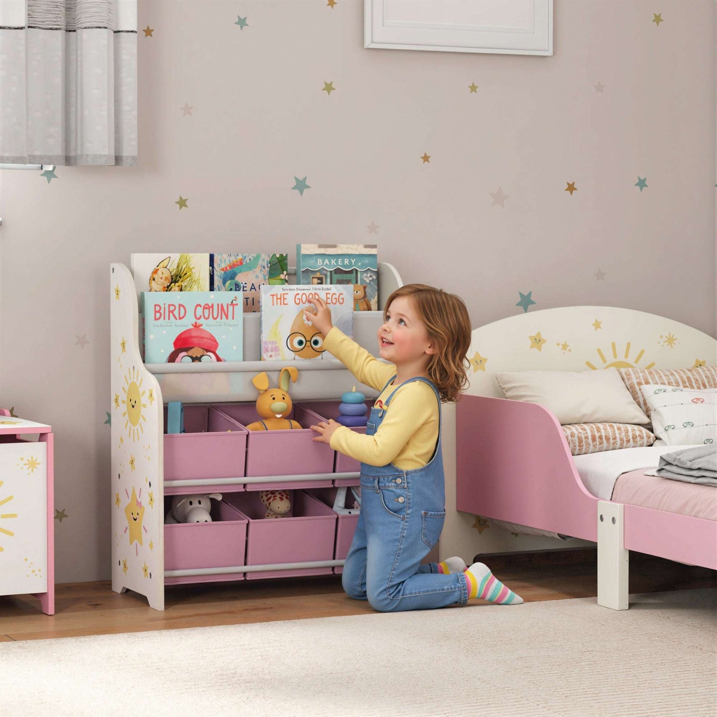 AIYAPLAY Kids Storage Unit, Toy Organiser with 6 Fabric Drawers and 2-Tier Sling Book Rack for Bedroom, Playroom, Nursery, Pink