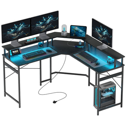 L Shaped Work Computer Desk, with LED Lights - Black