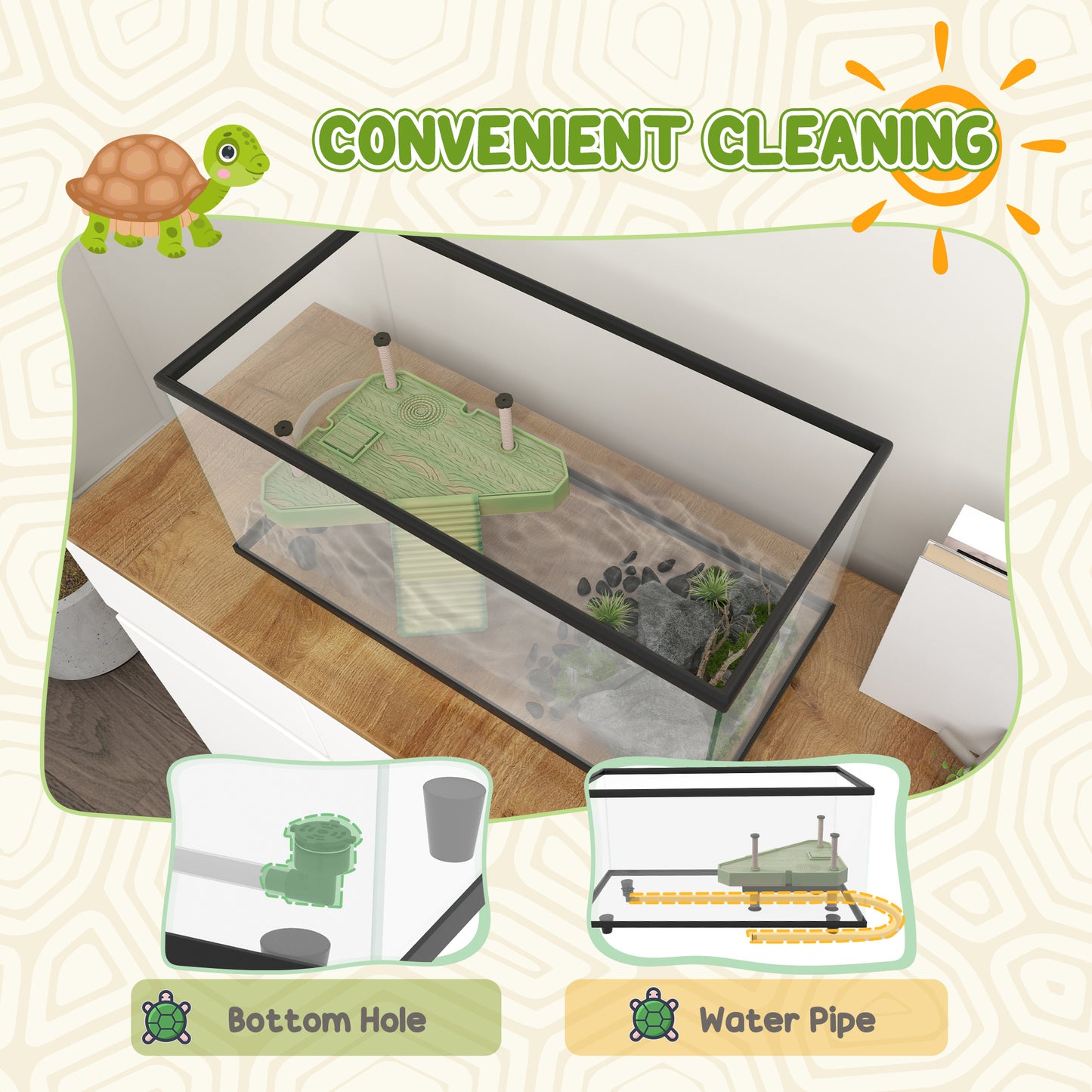 PawHut 50L Glass Turtle Tank Aquarium with Basking Platform, Easy-Drain, Strip Patch Thermometer